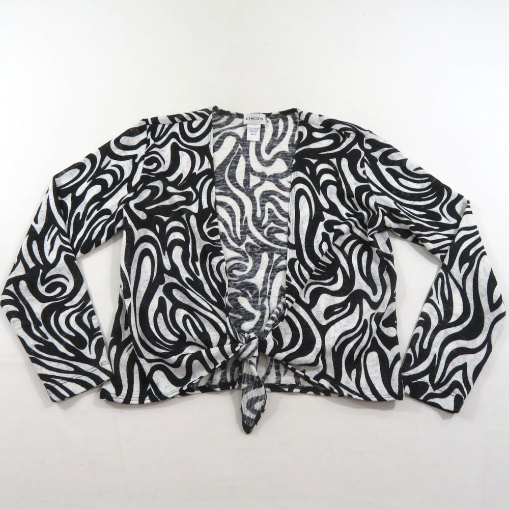 Chicos Lightweight Womens Blouse Top Black White Sz 0 Geometric Design